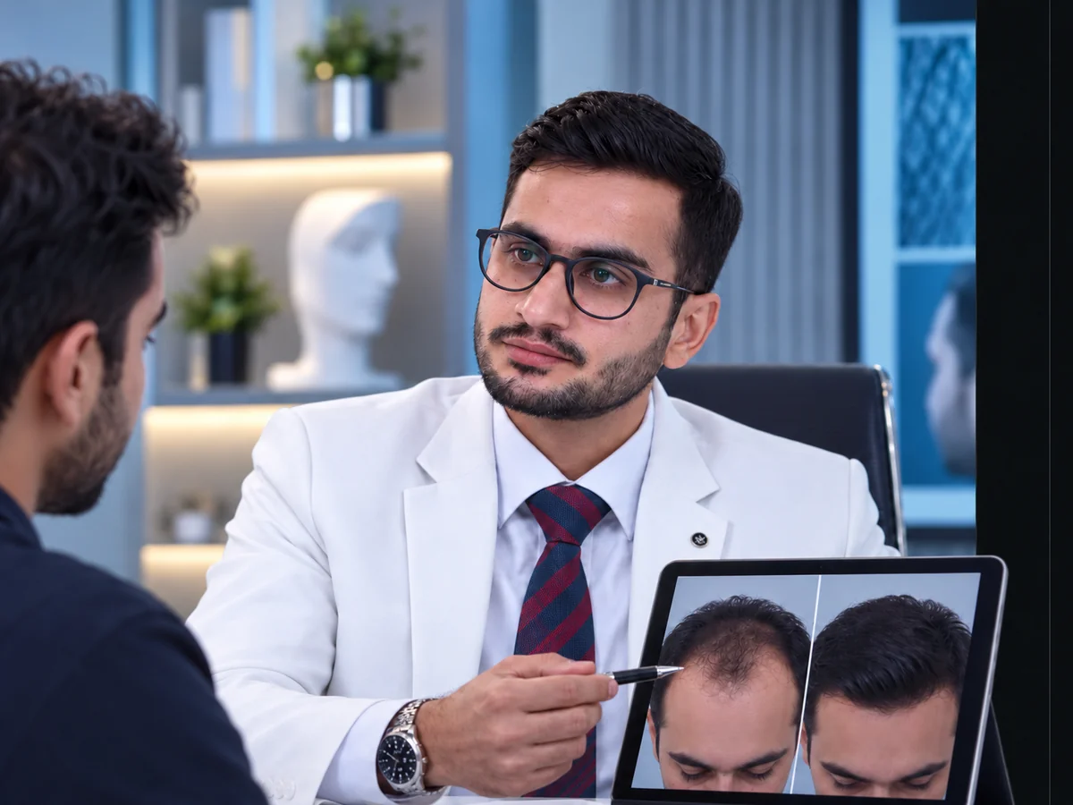 Hair restoration consultation discussing scalp hair loss and treatment planning